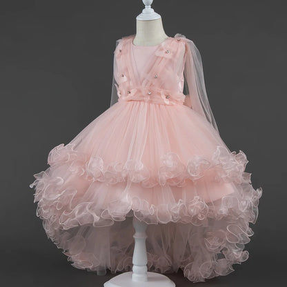 Girls White Pink Party Princess Dress Kids Girl Tailing Dresses for Wedding Birthday Ceremony Baby Girl Gown