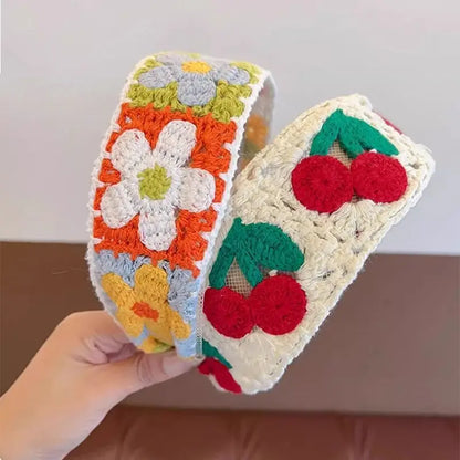 Sweet Embroidery Flower Kids Hair Hoops Colorful Knit Woolen Autumn Winter Wide Hairband for Girl Headwear