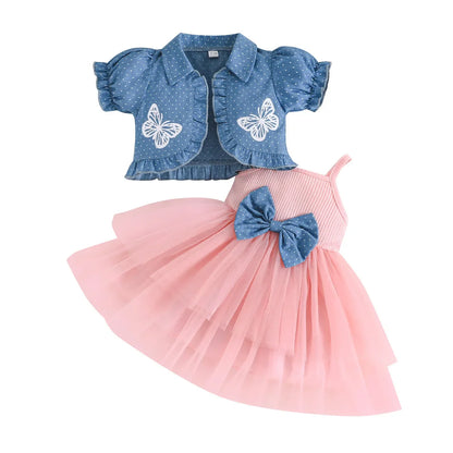 1-4Y Fashion Children Kids Girl 2Pcs Spring Outfit Butterfly Print Short Sleeve Tops+Suspender dress Set Outfit Kid Girl Clothes