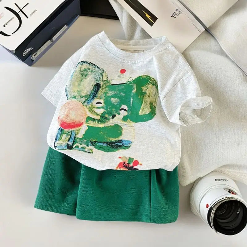 Summer Children Clothes Boys Girls Short-sleeved Striped T-shirt +Shorts 2Pcs Set Babies Fashion Round Neck Outfits Kids Suits
