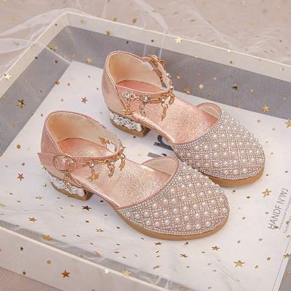 Girls High Heeled Shoes for Wedding Party Glitter Rhinestone Pendants Shiny Glitter Fashion Princess Kids Leather Dress Shoes