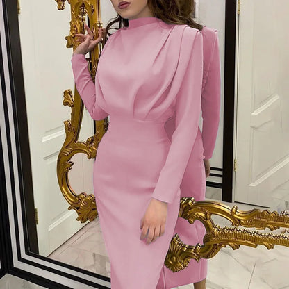 Women's Spring New Dresses with European and American Temperament, Waist Wrapped Solid Color Long Skirt, Long Sleeves, Round Nec