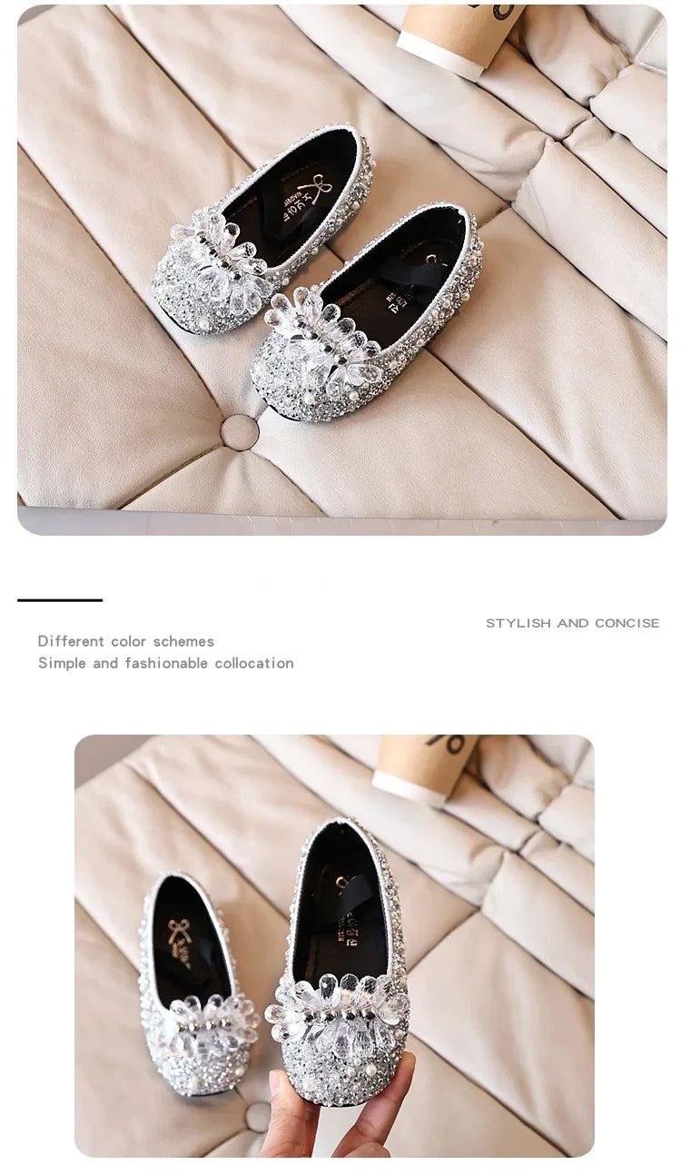Children's Shoe for Girl Fashion Rhinestone Kids Leather Shoes Sequins Princess Ballet Slip-on Versatile Toddler Casual Shoes