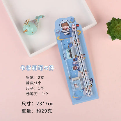 5Pcs Cute Cartoon Stationery Set Pencil Ruler Eraser Pencil Sharpener Kawaii Children School Scrapbook Supplies Set For Gifts
