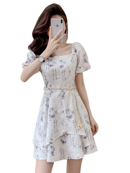 Summer New Chinese Sle Square Collar Bubble ort Sve Retro Waist Cinched A-Line  Dr Women's Faion Sweet Princ
