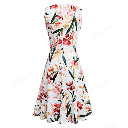 Women Vintage Casual Round Neck A line Summer Elegant Floral Lace Patchwork Sleeveless Tunic Party Swing Dress HA079