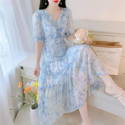 Boho Dress Women Floral Print Wrap Long Holiday Dress Ruffles Female Casual V-Neck Beach A Line Beach Dress Party Vestidos
