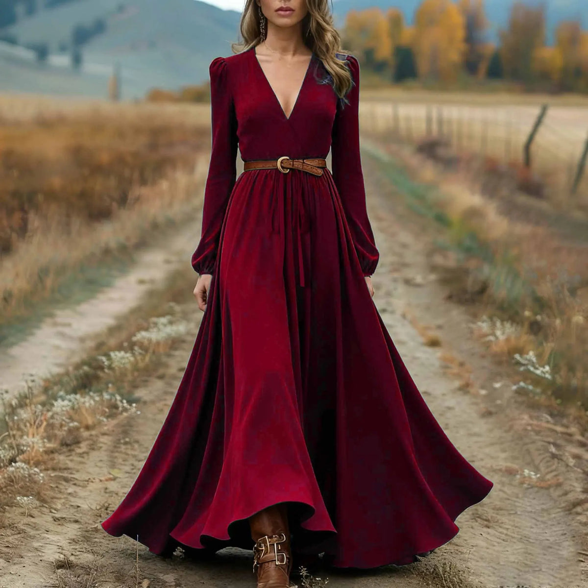 Women's Spring Autumn Retro Western Style V-neck Long Sleeve Dress Fashion Casual Long Dresses Elegant Party Dresses(no belt)