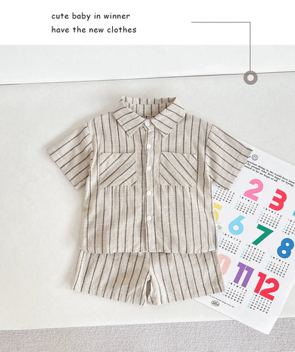 Set Children Unisex Summer New Style Cotton Stripe Pocket Shirt Polo Collar Shourts Fashion Casual Brief Versatile Korean