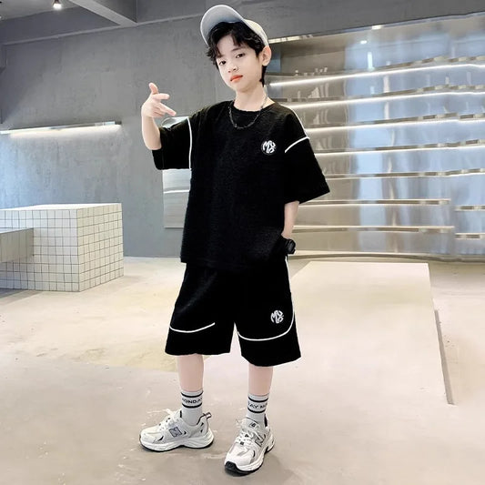Boys Suit Child set Clothes Short-Sleeved loose black t-shirt + half pants Teenager Tracksuits Kids 8 10 12 year