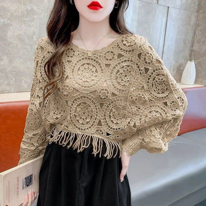 Women Tassel Hook Flower Hollow Out Short Knitting Retro Ethnic Style Round Neck Knitted Female Fashion Loose Top Spring Summer