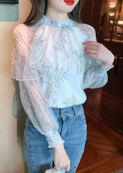 Chiffon Women's Shirt and Blouse Lace Flowers Luxury Designer Youthful Woman Clothes Vintage Clothing Female Tops Trend 2025 New
