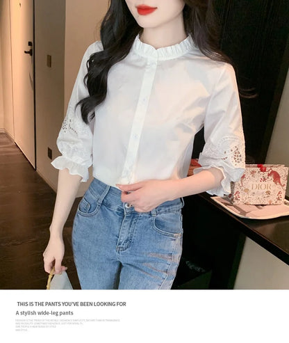 Ele Embroidered ort Sve irt Women's Summer New Design Korean Sle Commute Lantern Sve White irt for Ladies
