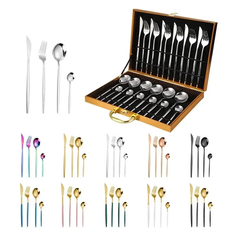 24PCS Cutlery Set Stainless Knife Fork Spoon Flatware Tableware Set Gold Gift Box Portable Dinnerware Dishwasher Kitchenware