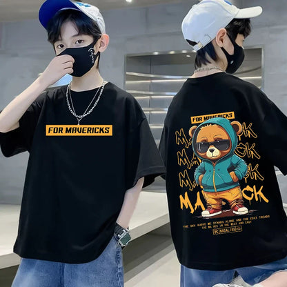 Summer 100% Cotton Boys Blue T-shirt Cool Graffiti Printed Girls Tees Short Sleeve Children Tops High Quality Kids Clothes
