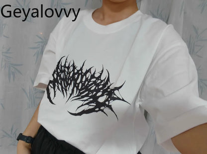 Japanese Mine Dark Goth Punk Summer Short-sleeved T-shirt Sweet Girl Couple T Shirt Versatile Print Simple Mid-length Tops