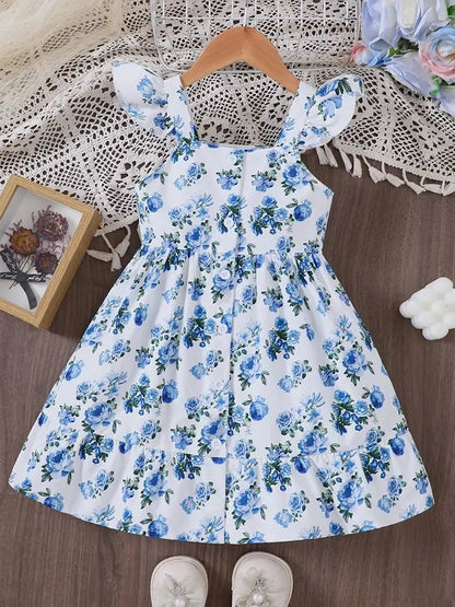 Girls' spring and summer new style sweet floral dress with flying sleeves