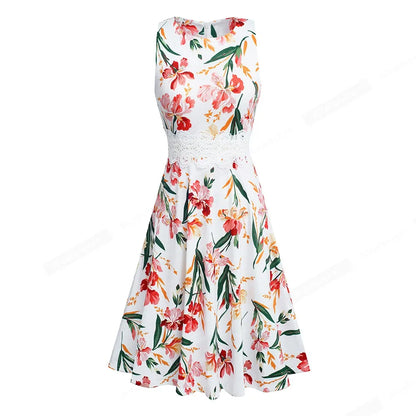 Women Vintage Casual Round Neck A line Summer Elegant Floral Lace Patchwork Sleeveless Tunic Party Swing Dress HA079