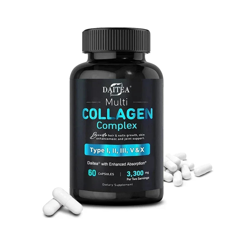 Collagen Complex (Types I, II, III, V, X) - with Digestive Enzyme Blend, Non-GMO - 120 Capsules, for Men and Women