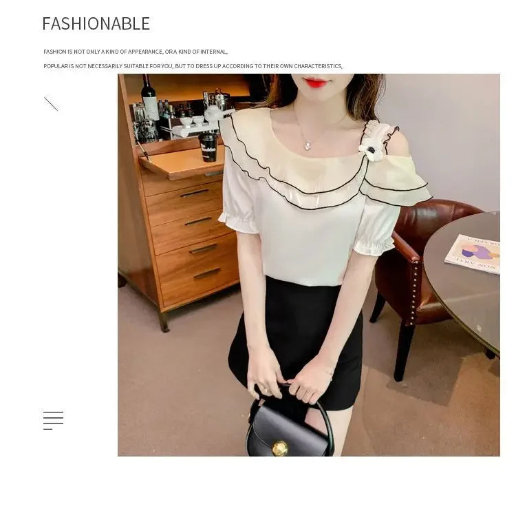 Sweet Slash Neck Off Shoulder Ruffles Blouses Female Clothing 2025 Summer New Loose Solid Color Korean Tops Puff Sleeve Shirts