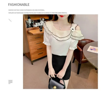 Sweet Slash Neck Off Shoulder Ruffles Blouses Female Clothing 2025 Summer New Loose Solid Color Korean Tops Puff Sleeve Shirts