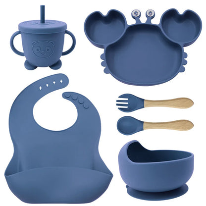 Baby Feeding Set 9PCS Silicone Crab Bowl Plate Spoon Fork Toddler Tableware Kids Dish Infant Utensils