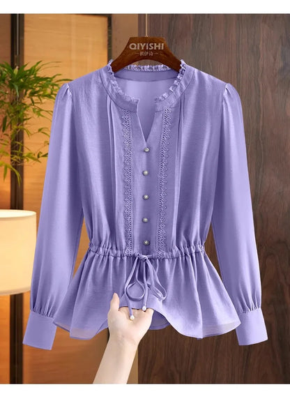 Elegant French Style V-Neck High End Blue Long Sleeve Blouse 2025 Fall New Belt Lace-up Fashion Slim Cinched Waist Tops Shirts