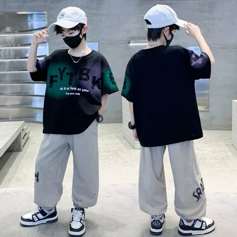 Teenager Boys Clothes Casual Outfit Kids Gradient Tracksuit Child t shirt + ankle tie pant
