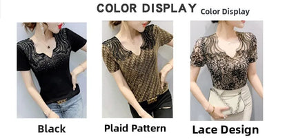 Sexy Hollow out V-Ne Rhinestone ort Sve T-irt Women Summer New Lace Me Top Trendy Anti-Aging Versatile Small irt