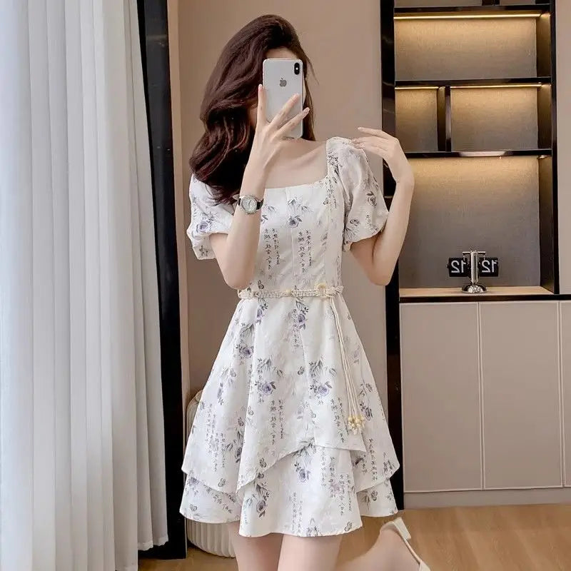 Summer New Chinese Sle Square Collar Bubble ort Sve Retro Waist Cinched A-Line  Dr Women's Faion Sweet Princ