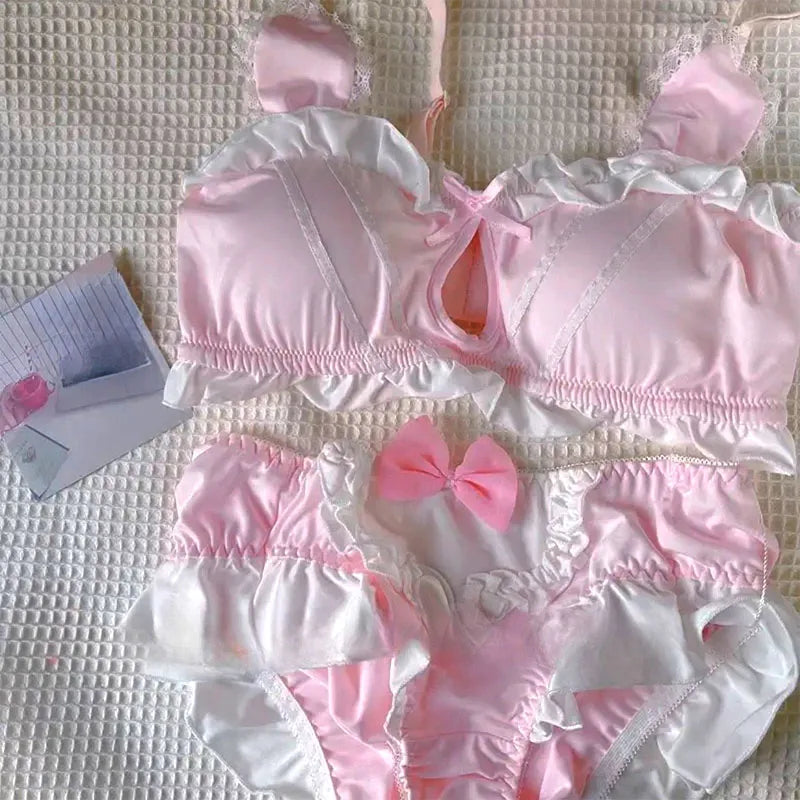 Japanese Lolita Underwear Women's Small Chest Gathering Without Underwire Sexy Bra Soft Comfortable Thin Underpants Bra Set Gift