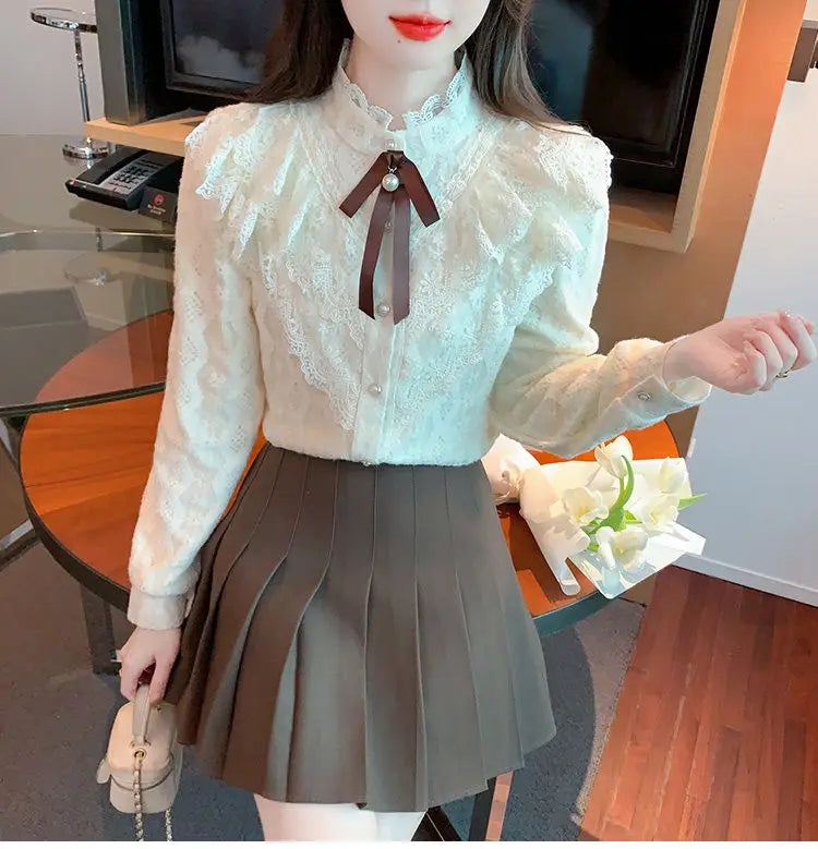 Women's Fce Lined Lace Blouse Thiened Autumn Winter Faion Inner Wear  Knot irt Stand Collar Regular Fit