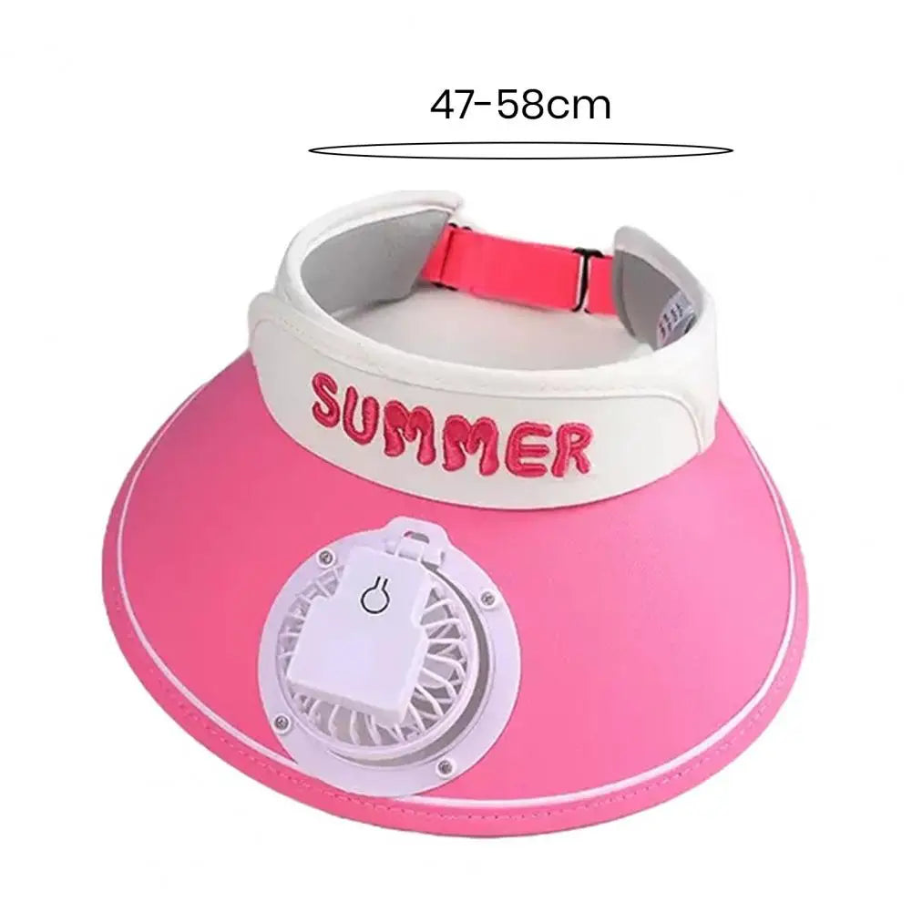 Summer Children Sun Hat with Mini Cooling Fan Empty Top Wide Brim Visor Hat Hiking Travel Sunscreen Hat Girls Boys Outdoor Sun P