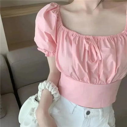 Summer New Fashion Temperament Women Bubble Sleeve Square Collar Shirt Design Sense Of Small Sweet Halter Short Sleeve Top