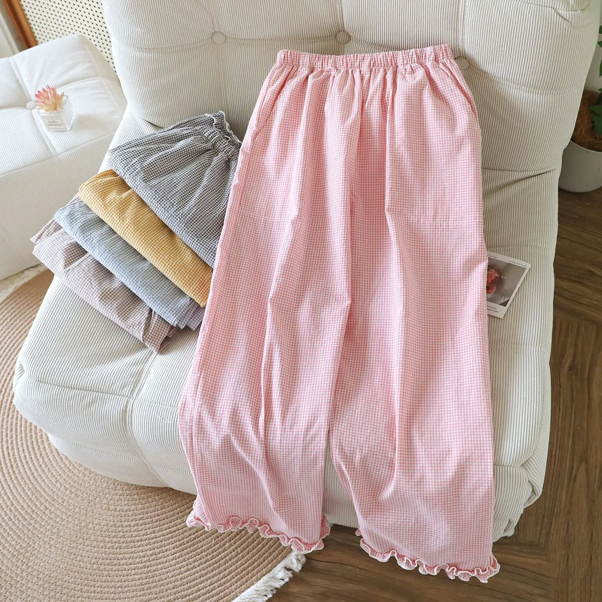 Spring and Summer Thin Loose Size Plaid Design Women's Pajama Pants Elastic Waist Casual Homewear Women Nine-point Trousers (Available)