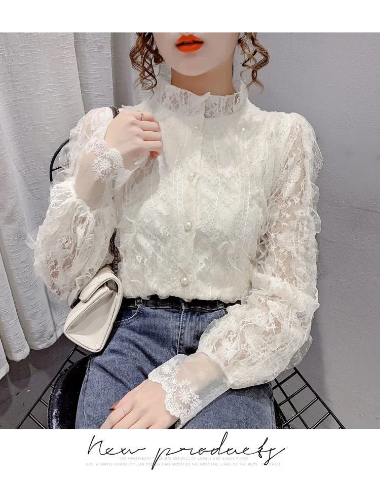 Blouse Women Shirt Lace Long Sleeve Women's Clothing Spring Lantern Sleeve Stand Collar Cardigan Top Blusas Mujer De Moda