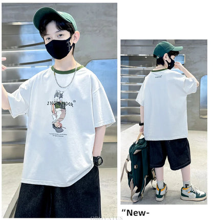 Summer Tees Tops for Teen Boy Cotton T-Shirt New Short Sleeve Fashion Cartoon Tshirts for Children Korea Kids Luxury Clothes