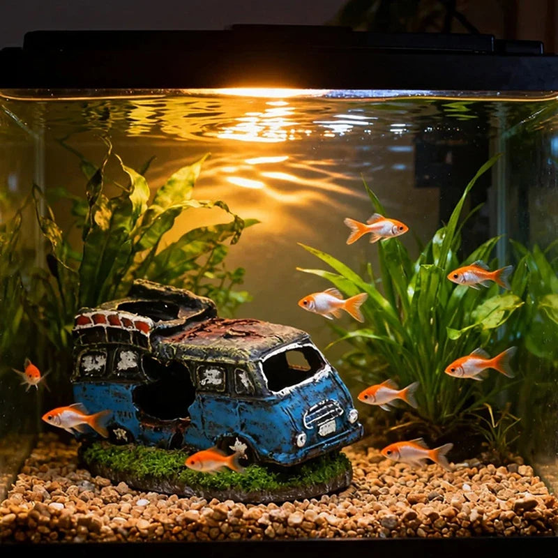 Aquarium Ornament Shaped Like Car Wreckage, Featuring Hiding Holes For Fish And Shrimp, Aquarium Decorations, And Aquascaping. (Available)