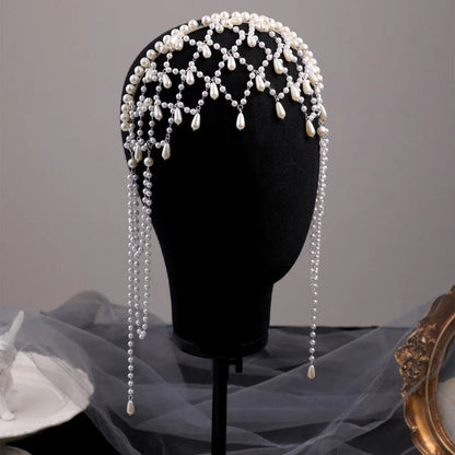 Handmade Imitation Pearls Bridal Hair Chain Elegant Wedding Headpiece Comfortable Headbands For Bride