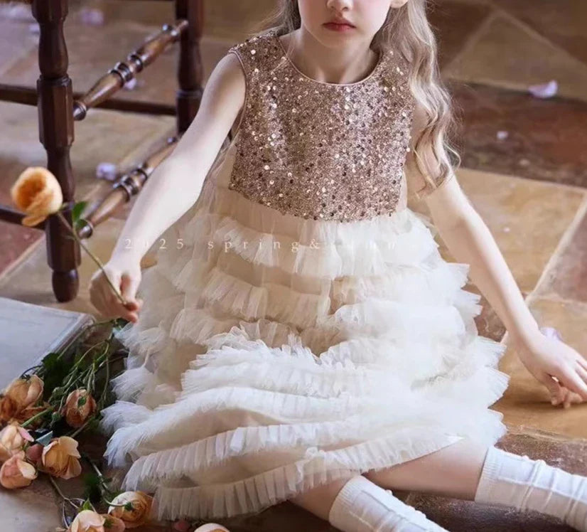 New Summer Party Dress for Kids Girls Sequined Sleeveless Mesh Cake Princess Dress Fashionable and Comfortable Skirt S4016