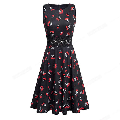 Women Vintage Casual Round Neck A line Summer Elegant Floral Lace Patchwork Sleeveless Tunic Party Swing Dress HA079