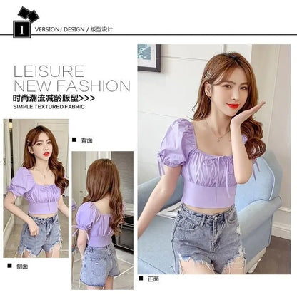 New Women's One-shoulder Lace-up Short Sleeve Waist-hugging Top