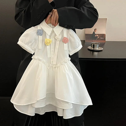 Girls’ Floral Summer Party Dress – White Puff Sleeve Dress with Floral Print Lightweight Cotton Blend for Ages 2–7 Girls Clothes