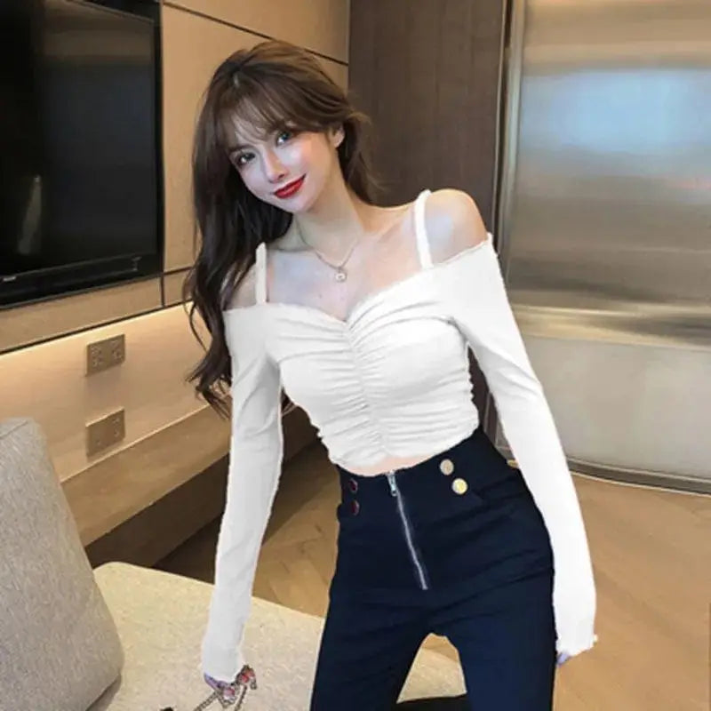 Slash Neck T-Shirts Women Sexy Lady New Design Solid Shirring All-match Футболка Женский Summer Slim Cozy Ins Chic Korean Trendy