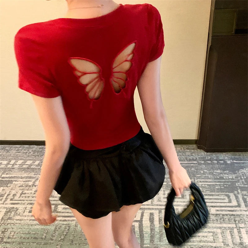 Fashion Women T-shirt Short Sleeve O Neck Solid Slim Fit Ladies Crop Top Butterfly Hollow Backless for Casual Tops Summer 2024