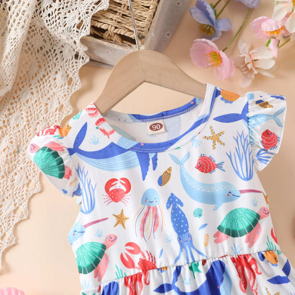 Summer Cute Girl Dresses Cartoon Pattern Flying Sleeve Kids Girls Party Dresses 2 To 8 Years Kids Casual Clothes