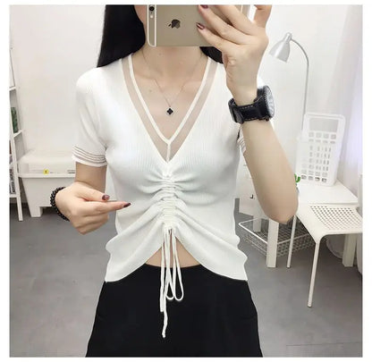 Ice Silk Short Sleeve T-shirt for Women in Summer New Thin V Neck Drawstring Solid Color Casual Tops Fashion Office Clothing