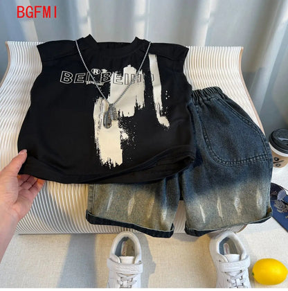 Korean Children's Summer Clothes Kids Set Outfits Boys 2025 Handsome Sleeveless&Short Sleeved T-shirt Denim Shorts 2-piece Set