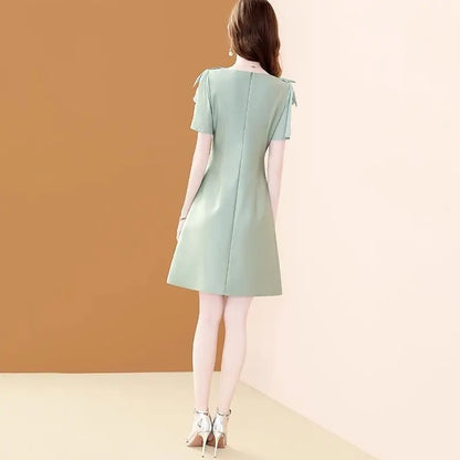 BESTBAFU High Quality Office Lady Elegant Dress Women Short Sleeve Summer A-Line High Waist Party Dresses Mini Vestidos 222P