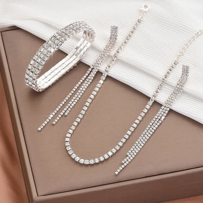 Women Shiny Long Tassel Earrings Choker Bracelet Collarbone Chain Party Cocktail Evening Prom Fashion Accessories